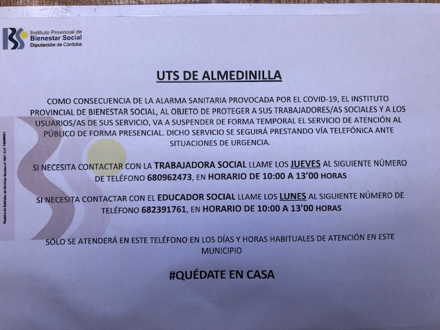 La Unidad de Trabajo Social de Almedinilla (UTS) atenderá temporalmente al público vía telefónica