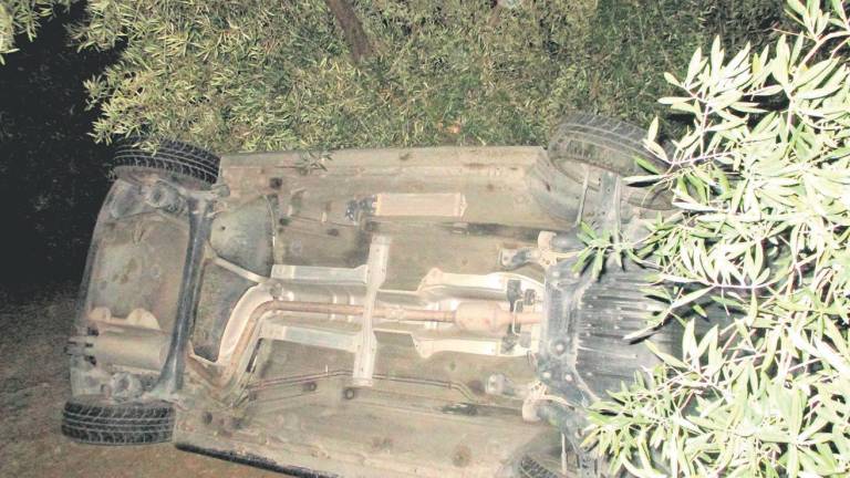 Un automóvil acaba volcado en un olivar