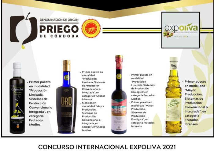 Cuatro firmas amparadas bajo la D.O.P. Priego de Córdoba, reconocidas en EXPOLIVA 2021