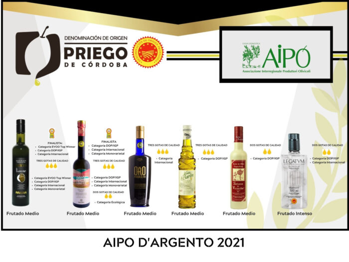 El Concurso Internacional AIPO D´Argento 2021 reconoce la calidad de los AOVE´s DOP Priego de Córdoba