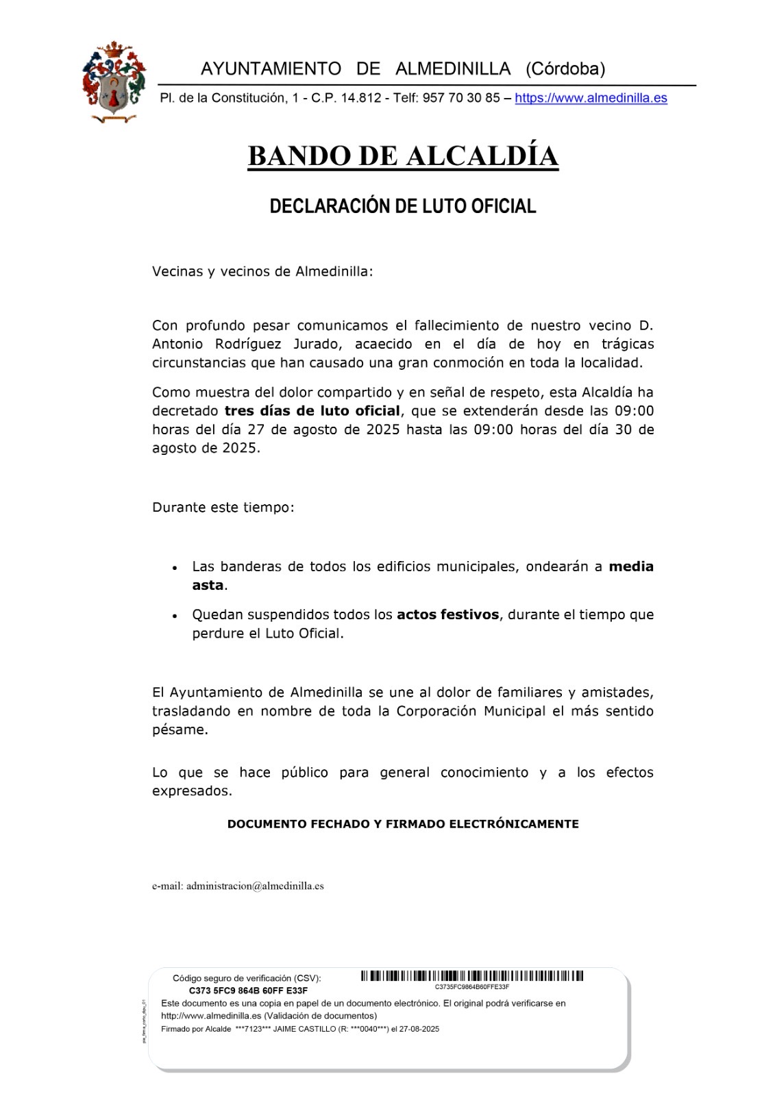 BANDO DE ALCALDÍA DECLARACIÓN DE LUTO OFICIAL