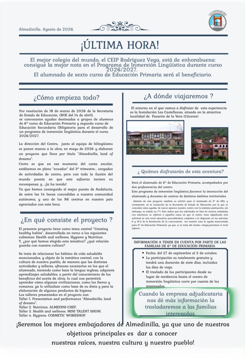 El CEIP Rodríguez Vega de Almedinilla logra la mejor puntuación de Andalucía en un programa nacional de inmersión lingüística